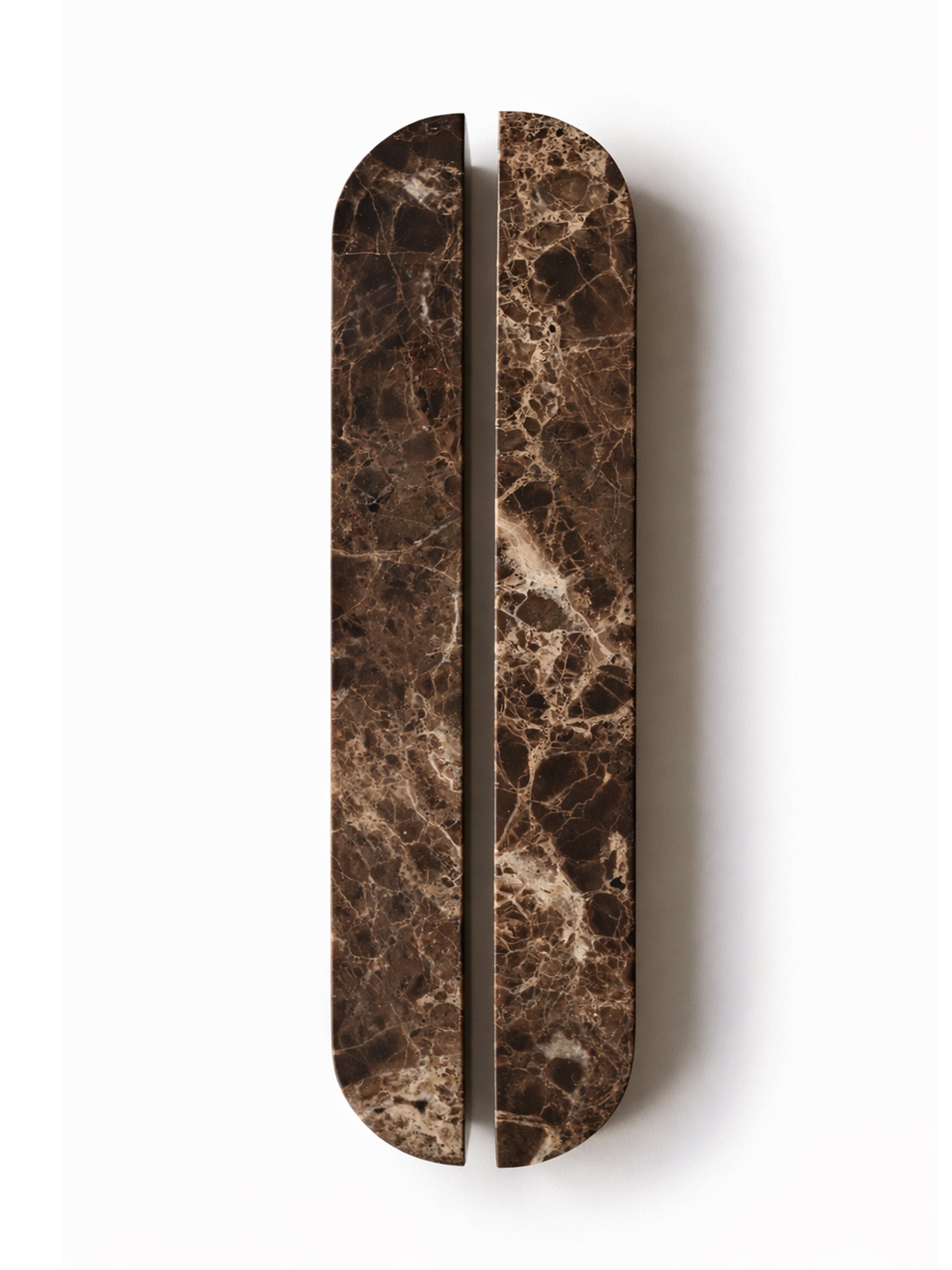 Two elongated oval cabinet handles with a dark brown and beige marble pattern, shown vertically side-by-side on a white background.