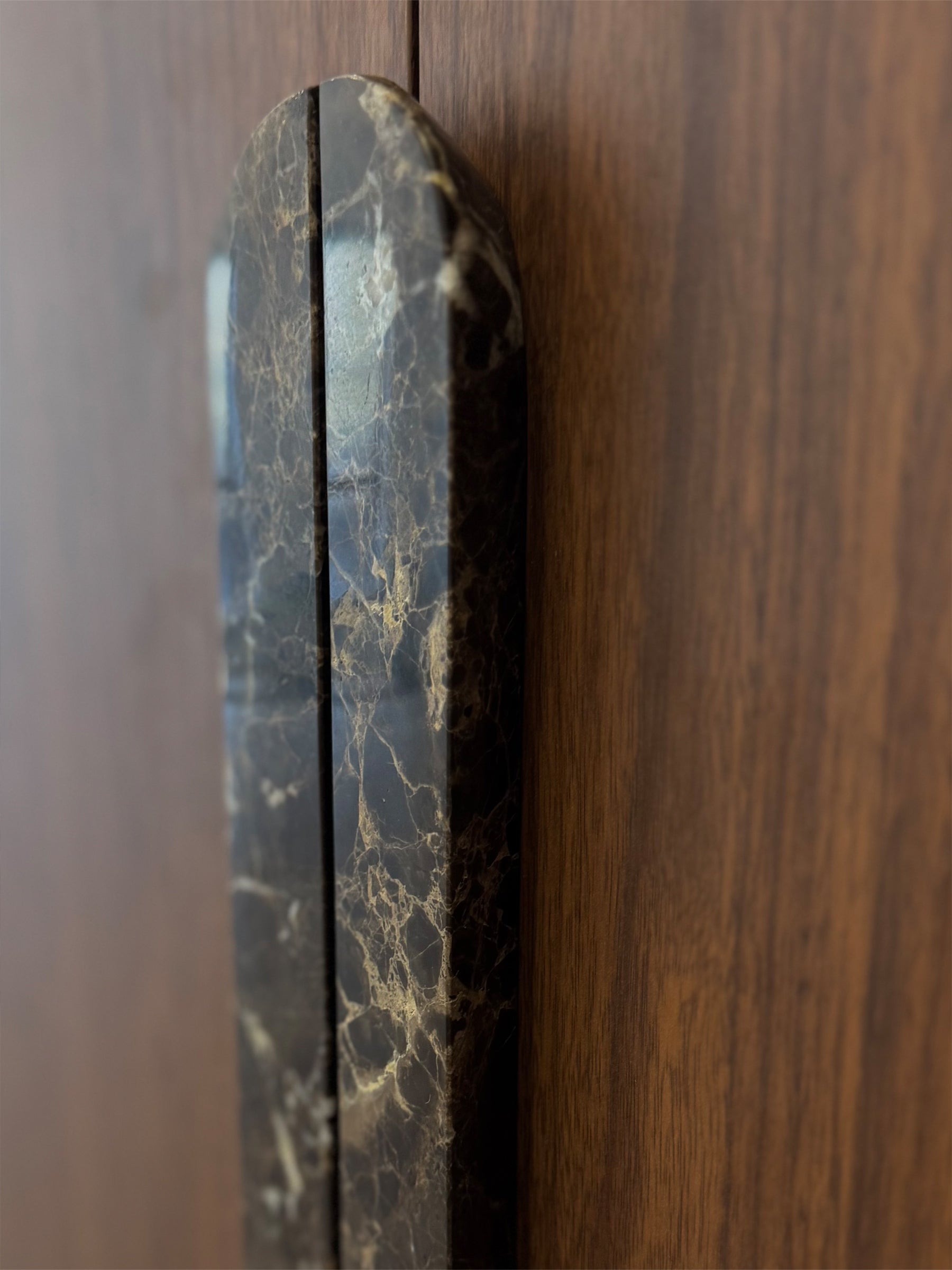 A close-up of a dark marble cabinet pull handle with gold veining, mounted vertically on a dark wood door.
