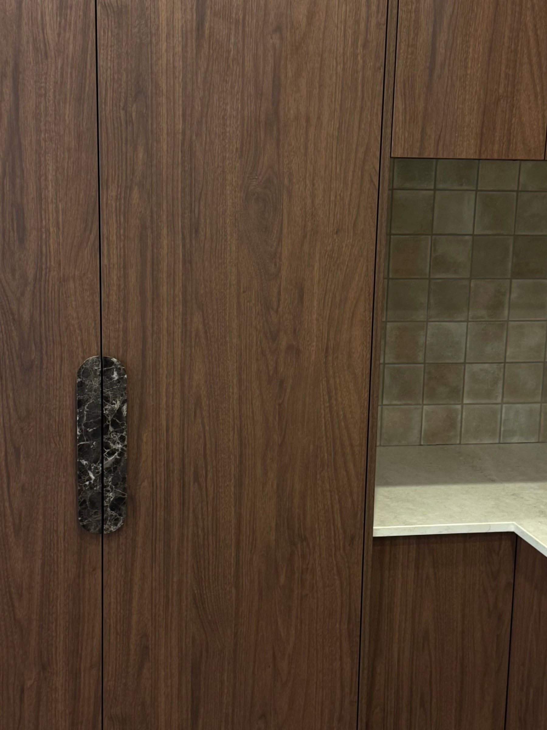 Pair of 32cm Dark Emperador natural stone cabinet handles by Formed Home.