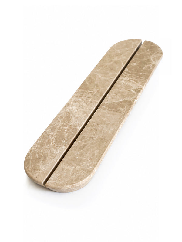 Pair of 32cm Light Emperador natural stone cabinet handles by Formed Home.