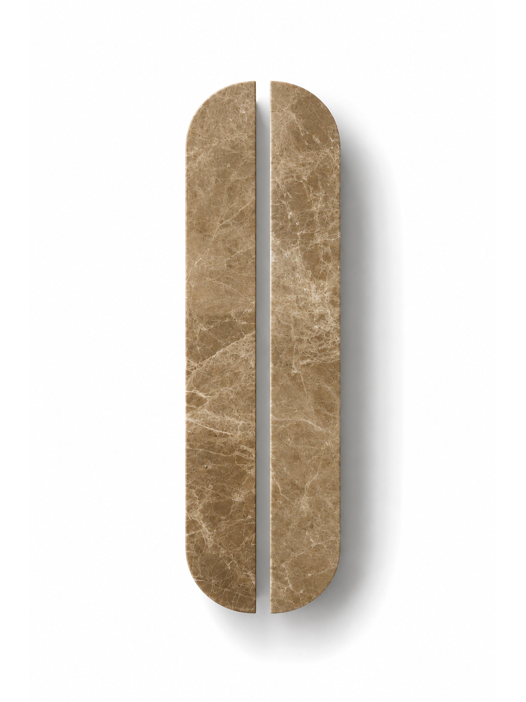 Pair of 32cm Light Emperador natural stone cabinet handles by Formed Home.