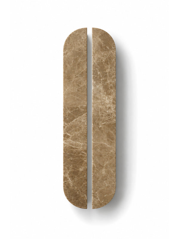 Pair of 32cm Light Emperador natural stone cabinet handles by Formed Home.