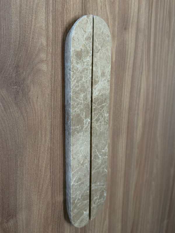 Pair of 32cm Light Emperador natural stone cabinet handles by Formed Home.