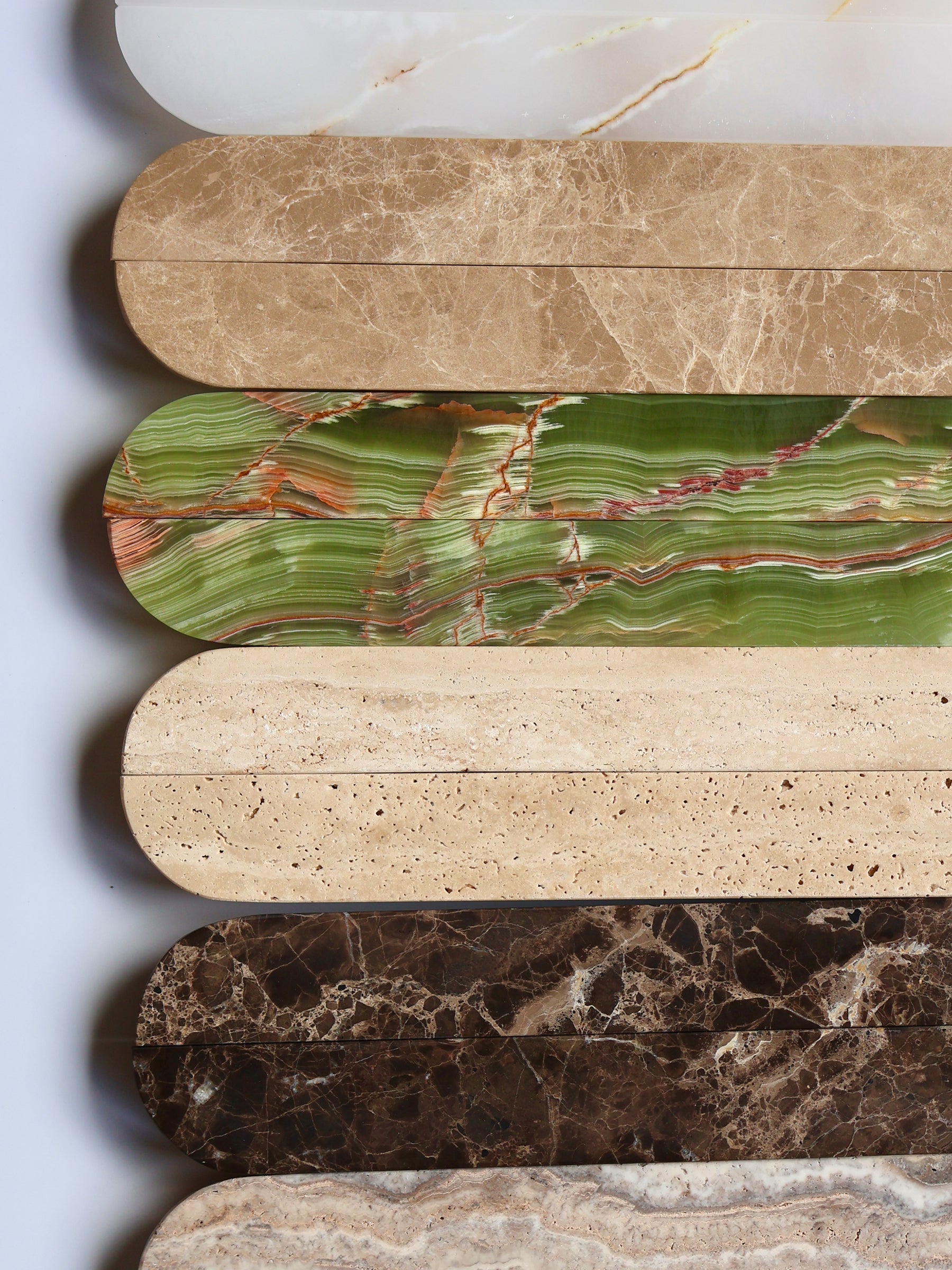 Pair of 32cm Light Emperador natural stone cabinet handles by Formed Home.