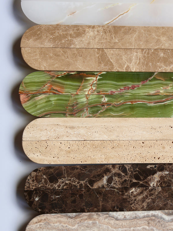 Pair of 32cm Light Emperador natural stone cabinet handles by Formed Home.