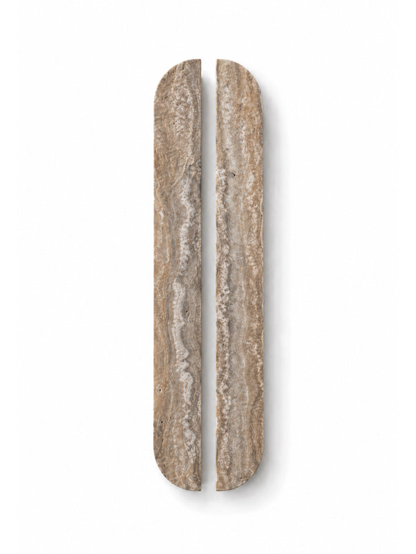 Two elongated, rounded rectangular stone slabs with a natural travertine or marble texture in beige, brown, and gray tones, displayed vertically side-by-side on a white background.