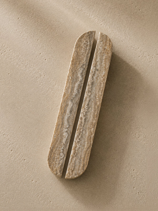 Silver Travertine natural stone cabinet handles by Formed Home, handcrafted luxury stone pull handles with rounded design.