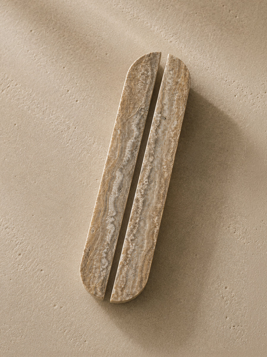 Silver Travertine natural stone cabinet handles by Formed Home, handcrafted luxury stone pull handles with rounded design.