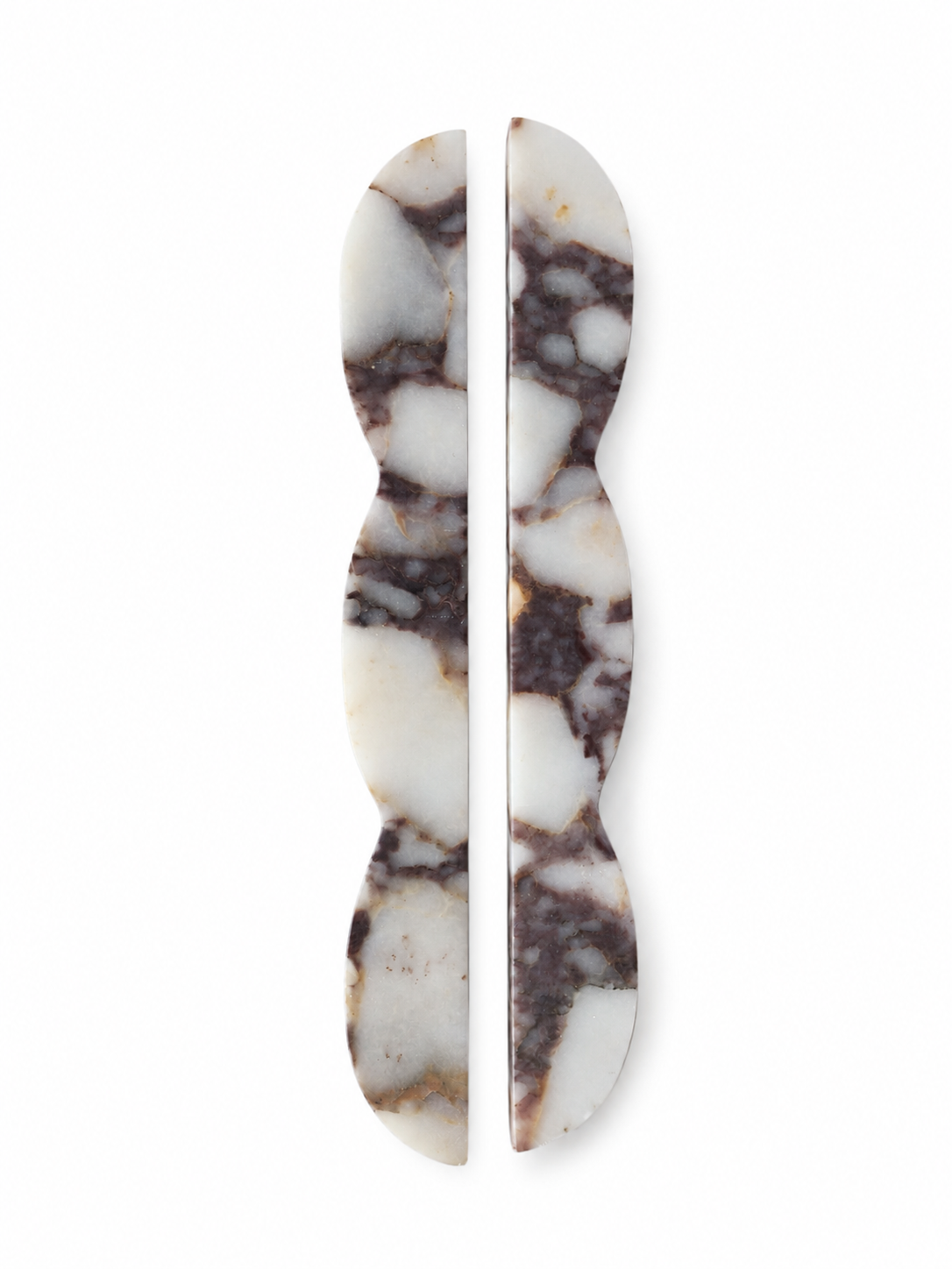 A pair of elongated, wavy bar tools with a polished white and dark brown marbled stone pattern, displayed vertically on a clean white background.