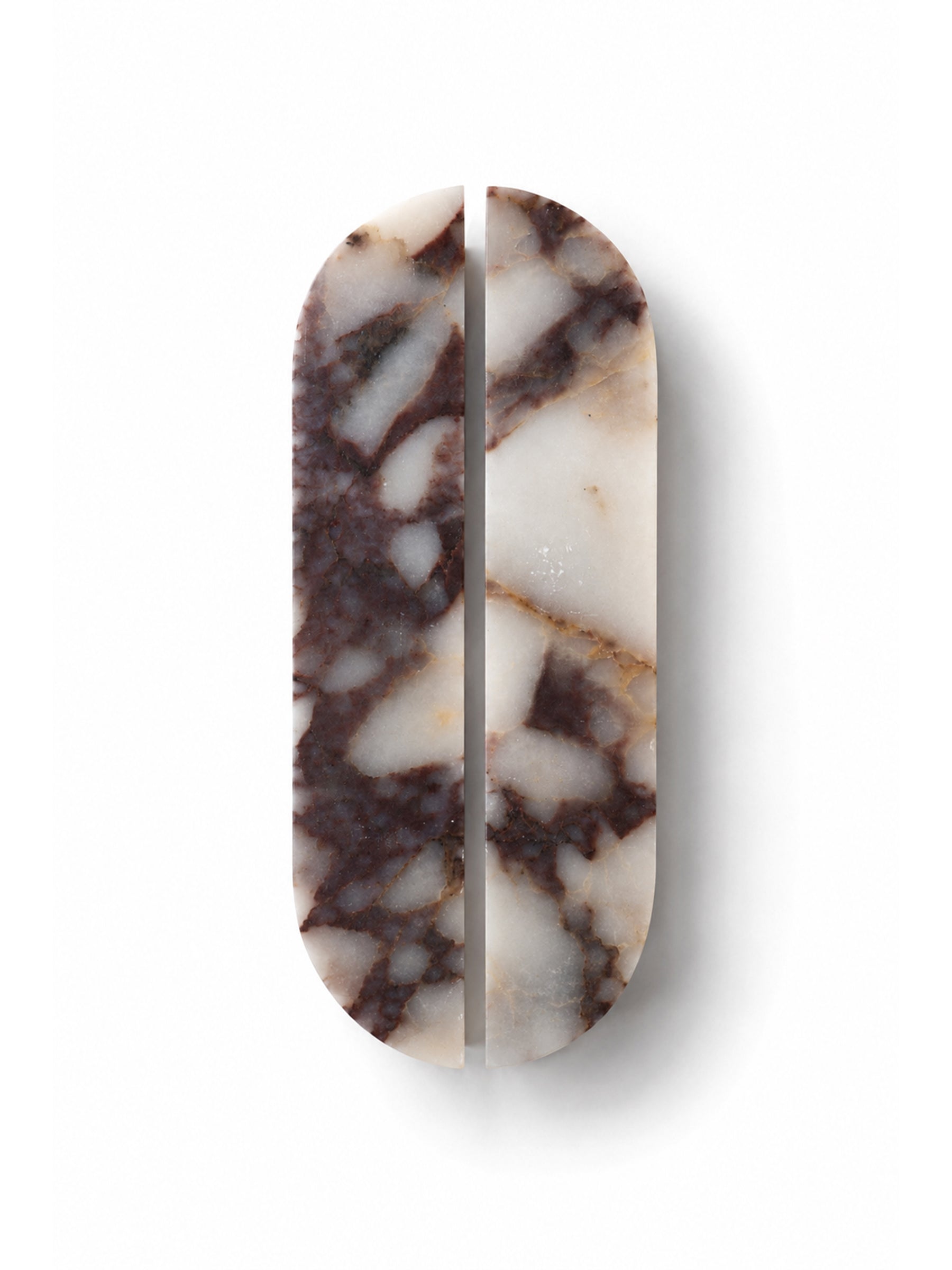 Pair of 16cm Calacatta natural stone cabinet handles by Formed Home.