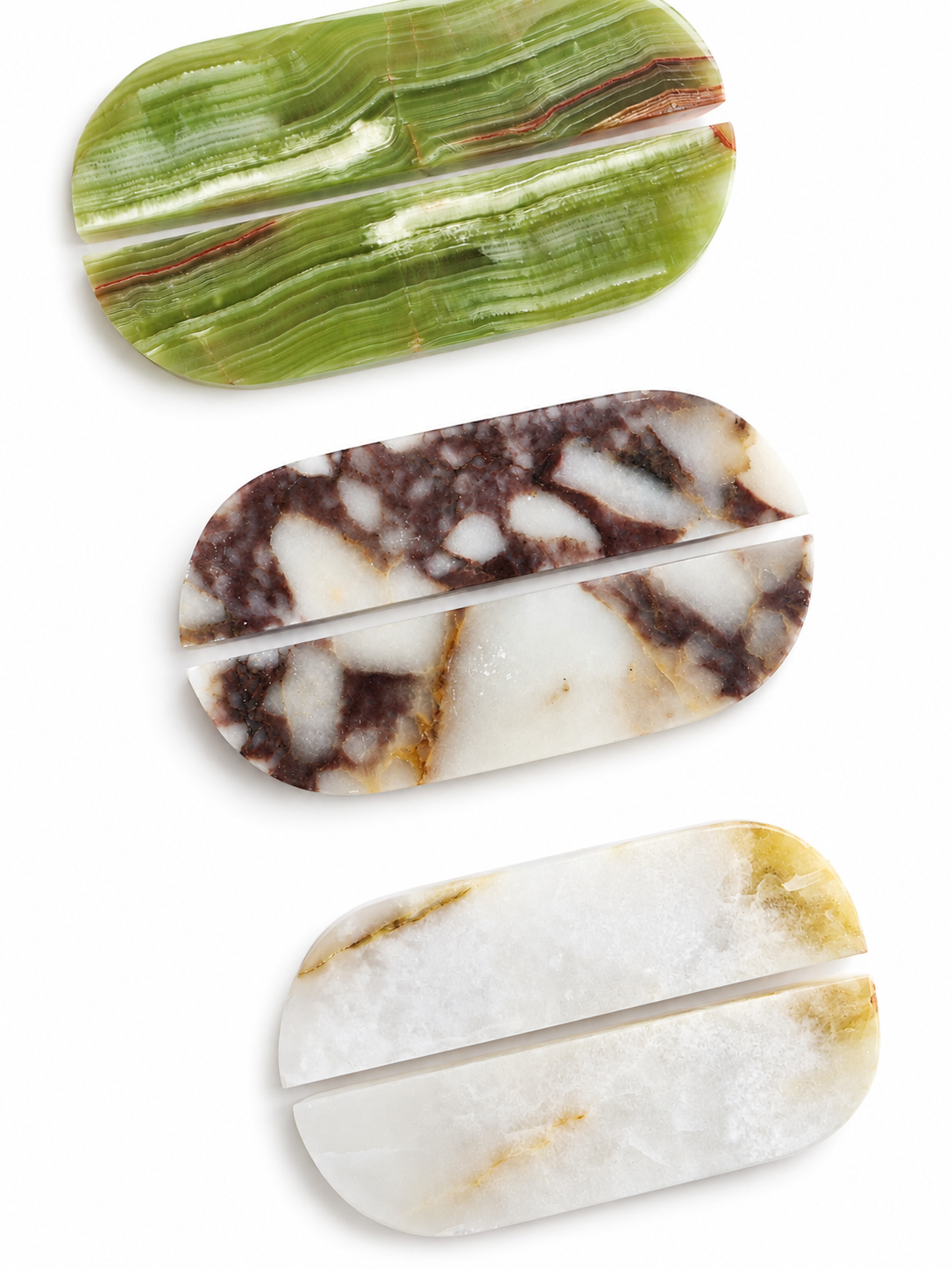 Pair of 16cm green onyx natural stone cabinet handles by Formed Home.