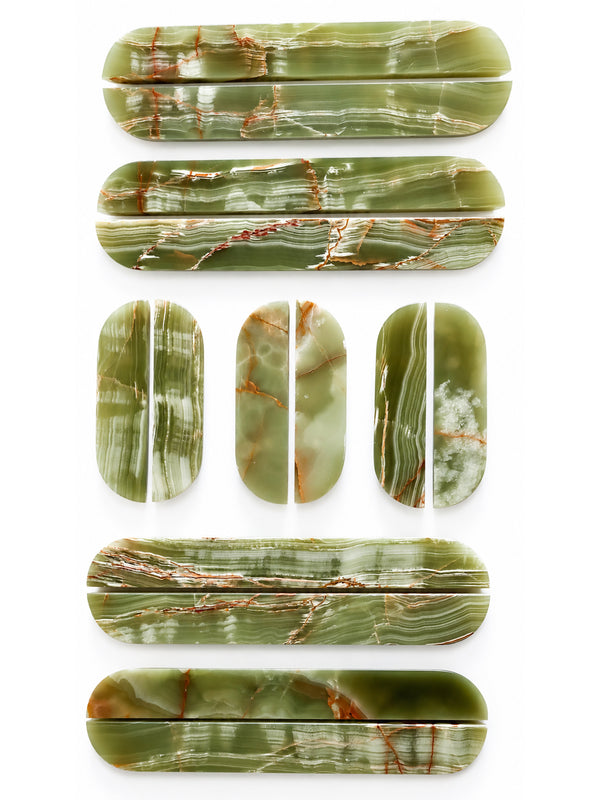 A set of natural stone hardware with rounded rectangular shapes, featuring a green marbled pattern with white and brown veins, arranged vertically on a white background.