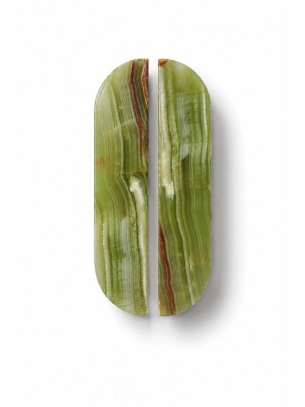 Pair of 16cm green onyx natural stone cabinet handles by Formed Home.