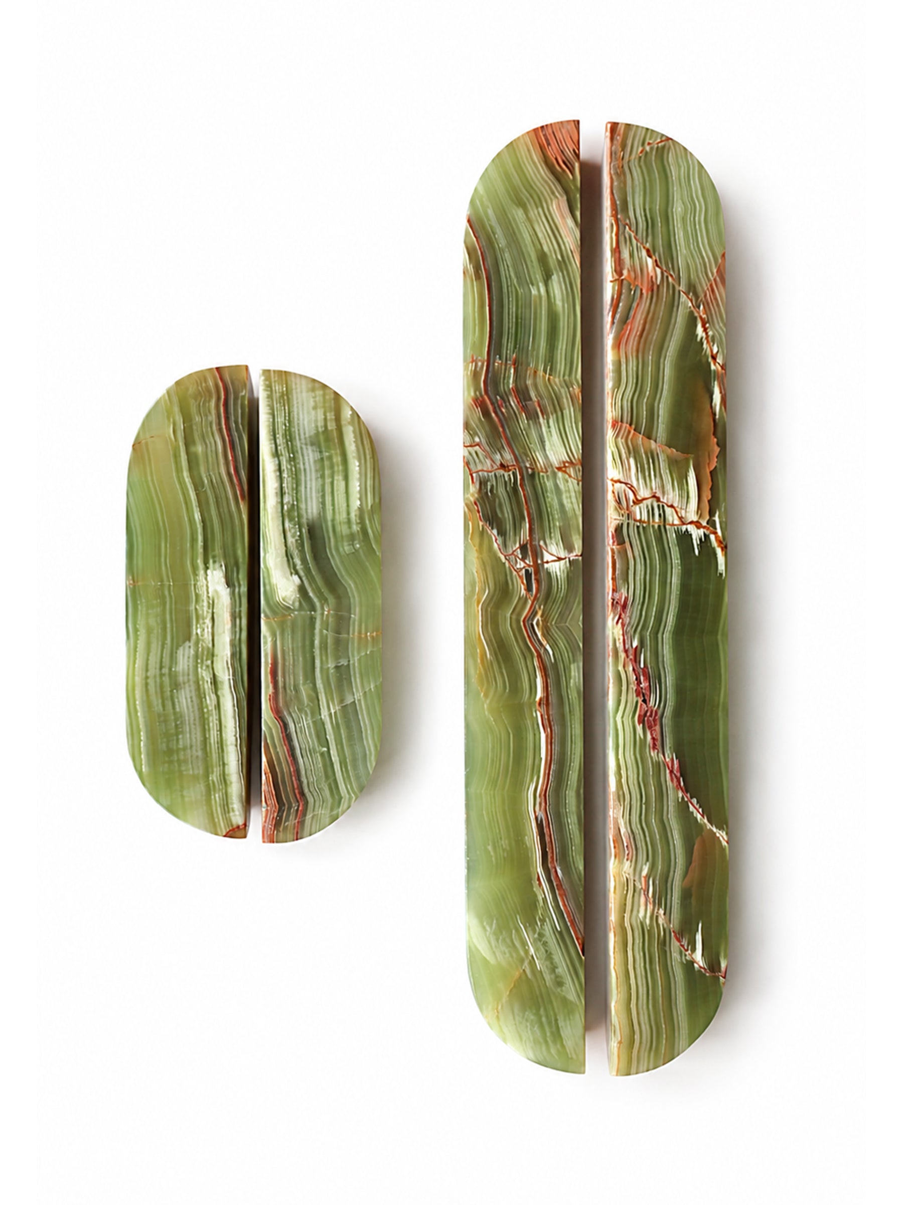 Pair of 16cm green onyx natural stone cabinet handles by Formed Home.