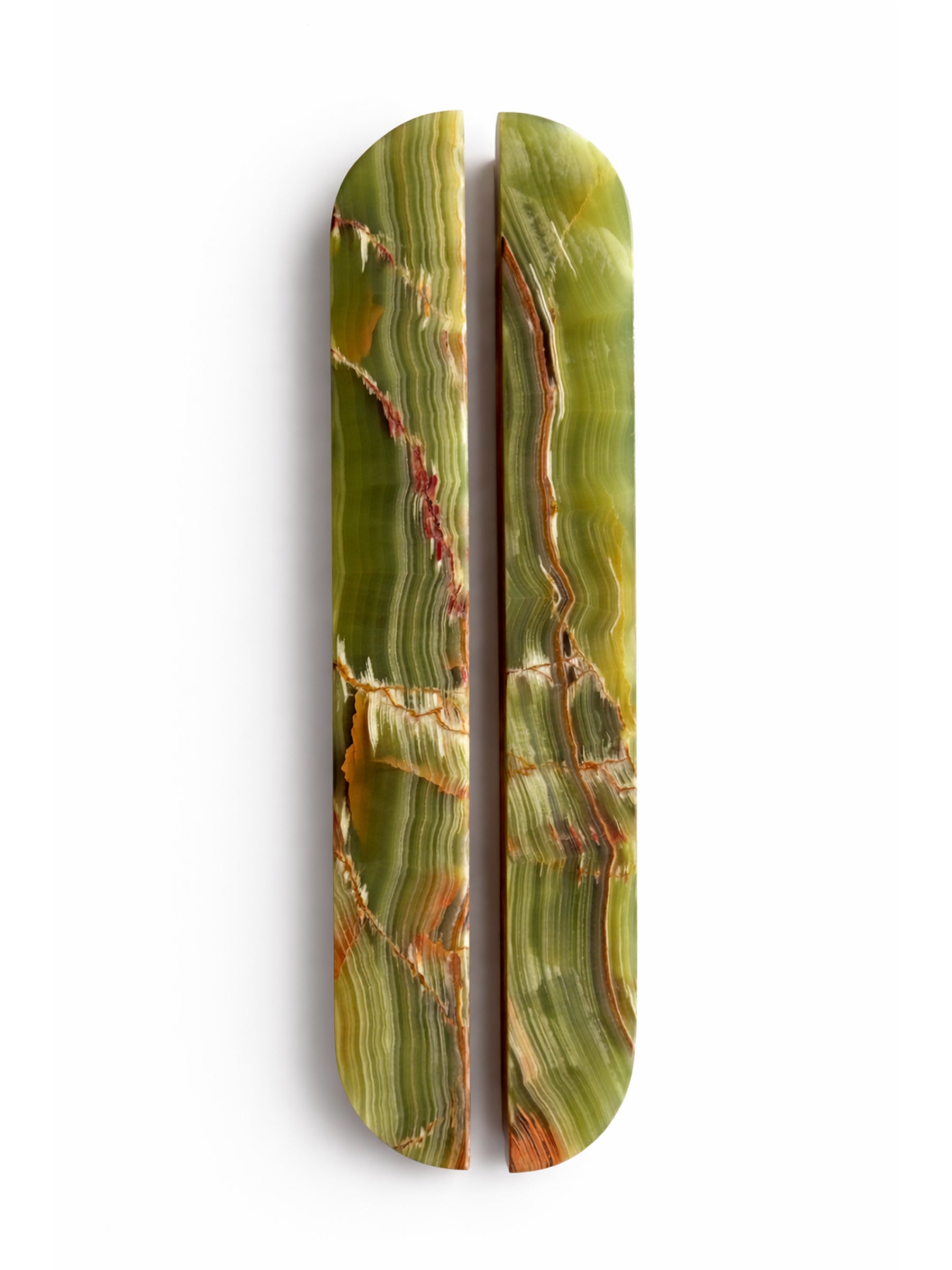 A pair of elongated oval cabinet handles with a polished green and gold banded stone pattern, shown vertically on a white background.