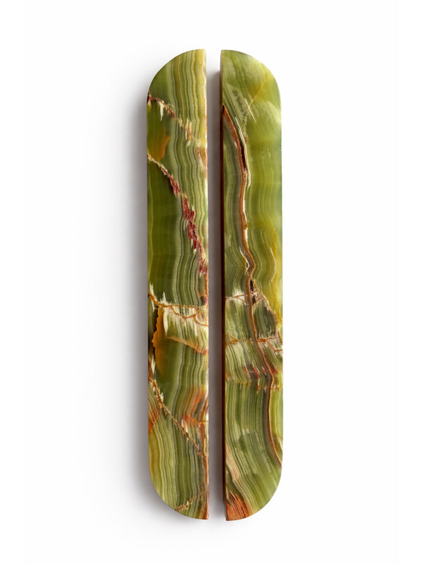 A pair of elongated oval cabinet handles with a polished green and gold banded stone pattern, shown vertically on a white background.