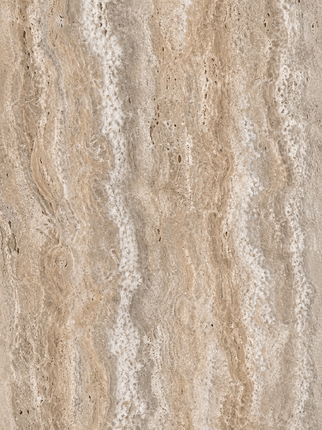 A close-up of a beige and cream stone or tile surface with wavy vertical veining and a textured, natural finish.